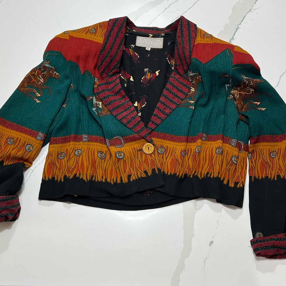 Vintage Cropped Jacket,Black Western with Cowboy Riders